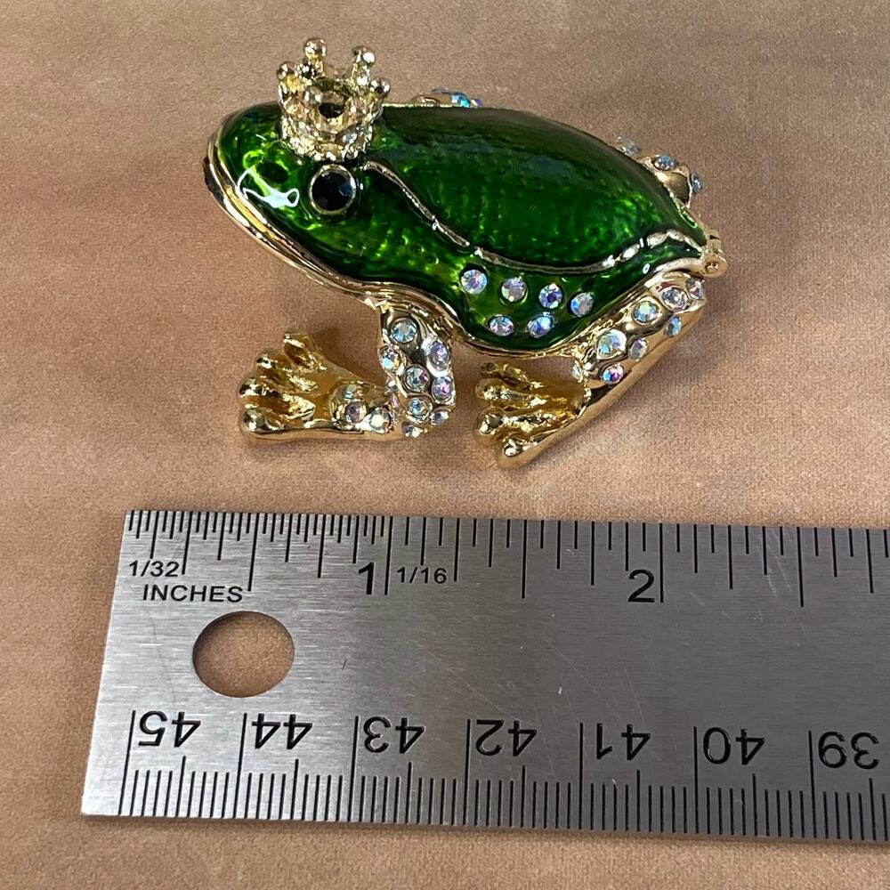 Gold Tone and Green Enamel Frog Prince Trinket Box w/Aurora Borealis Crystals - Picture 7 of 8